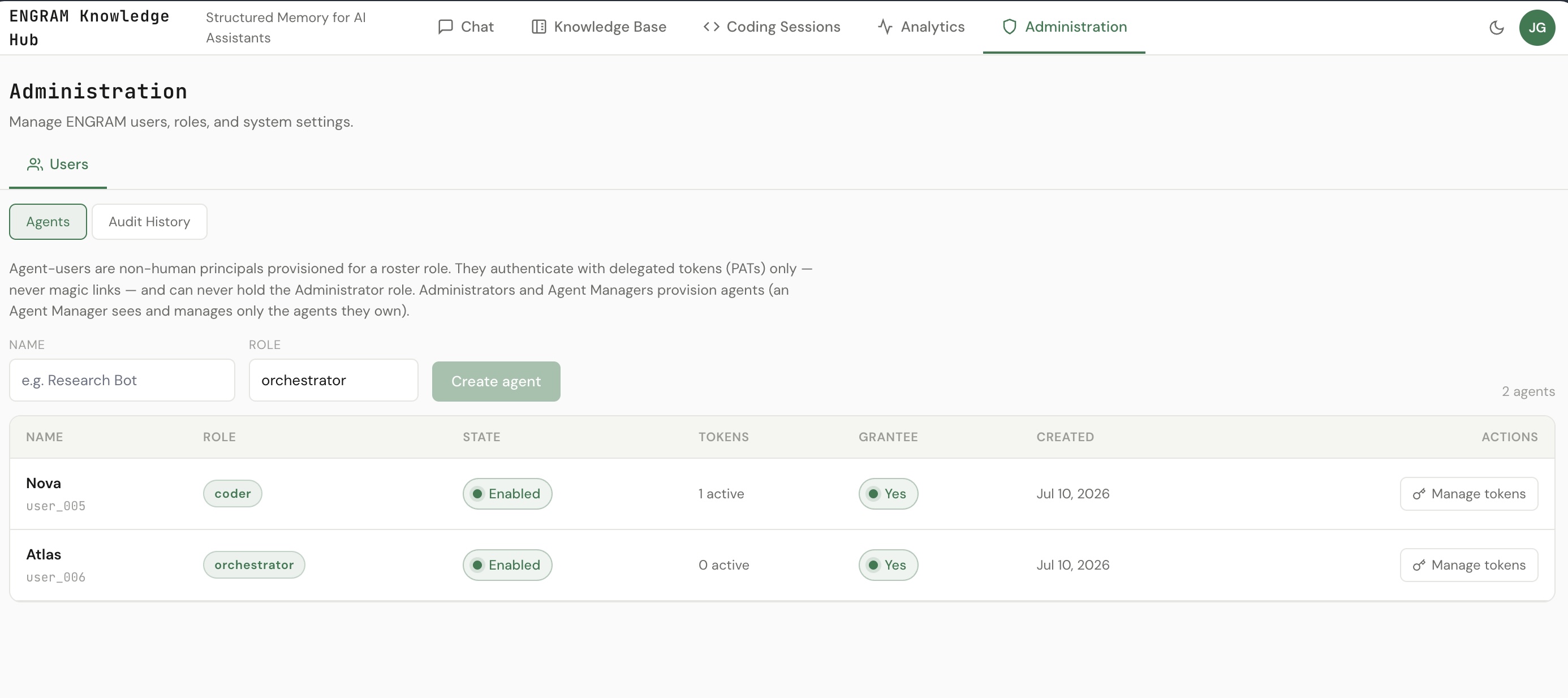 The Administration page as an Agent Manager sees it — only the Agents and Audit History tabs, listing the agents they own with per-agent role, state, token count, and a Manage tokens control