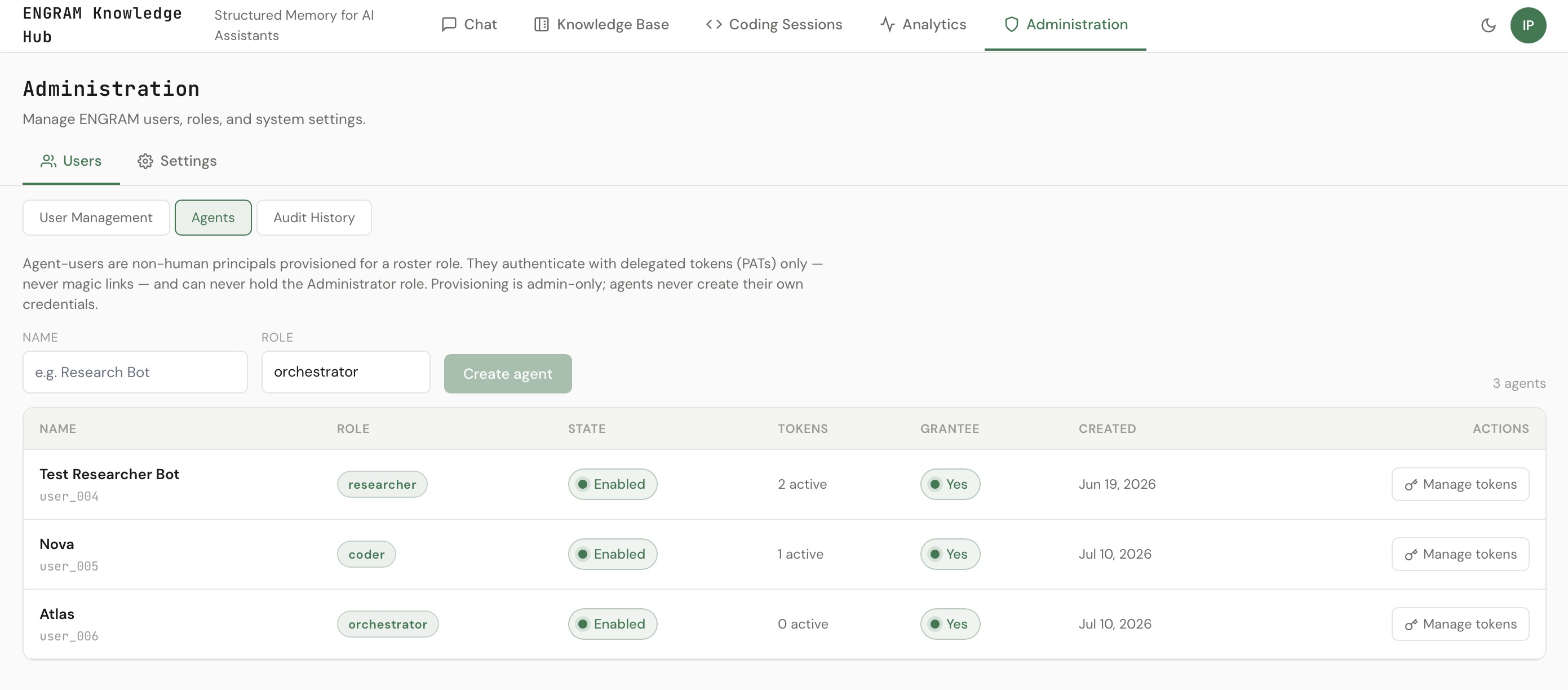 Admin UI Agents roster showing two agent users — Nova with role coder and Atlas with role orchestrator — both marked shareable, each with a Personal Access Token control