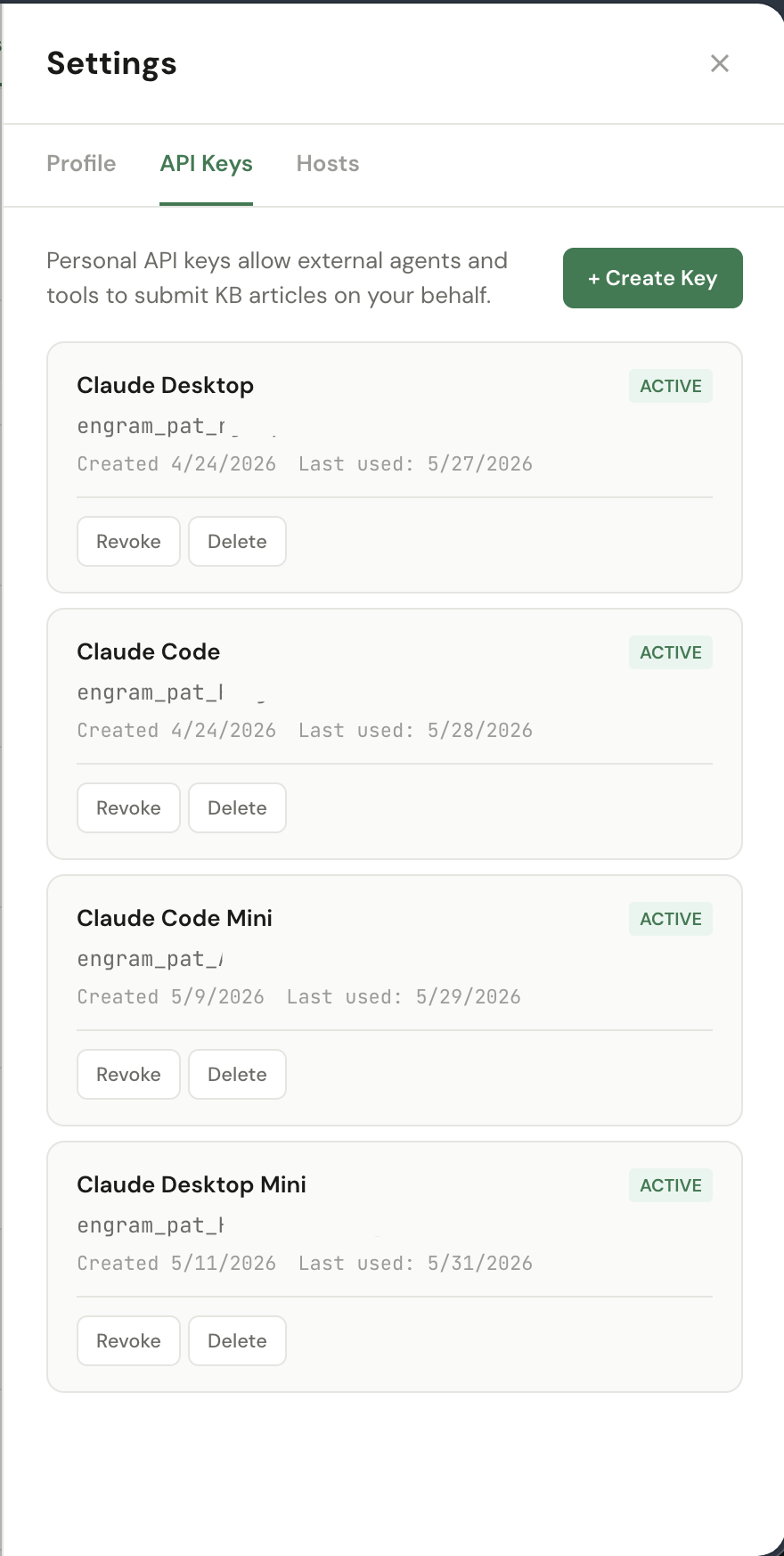 API Keys tab showing four active Personal Access Tokens with names like 'Claude Desktop', 'Claude Code', creation dates, last-used dates, and Revoke/Delete buttons