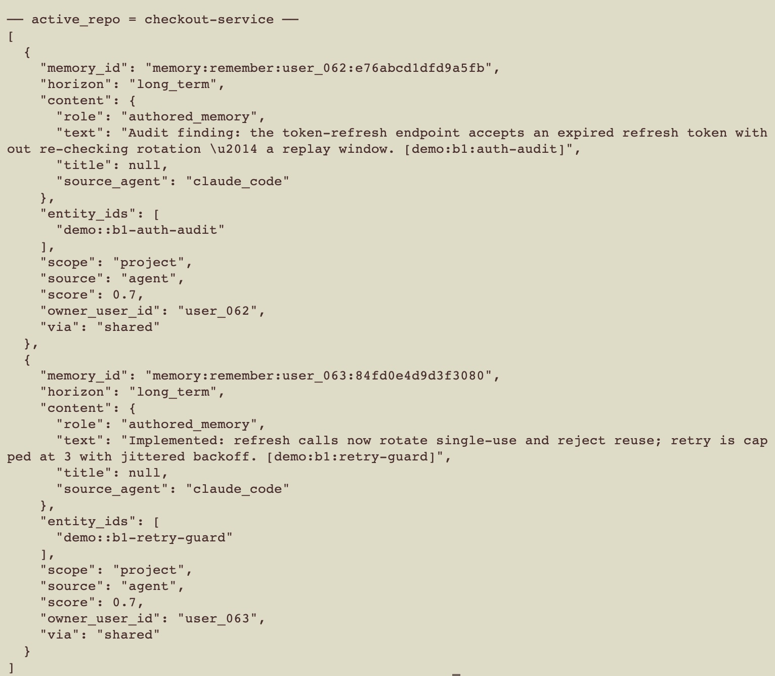 ENGRAM recall run as Atlas with active_repo set to checkout-service returns two items, both tagged via: shared — Scout's token-refresh audit and Forge's rotation fix; Warden's billing review is absent